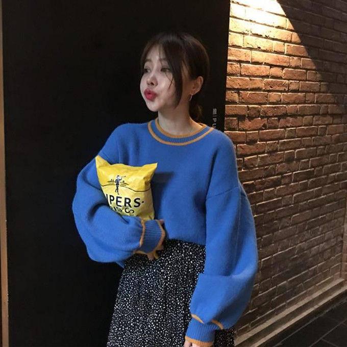Pofulove Long-sleeved Sweater Female Lantern Sleeve Korean Loose Was Thin Sweater Coat Autumn Winter