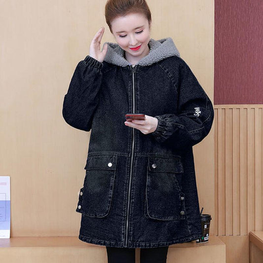 Autumn and Winter Imitation Lamb Wool Thick Coat Mid-length Loose Casual Denim Cotton Coat Fashionable All-match Female Coat
