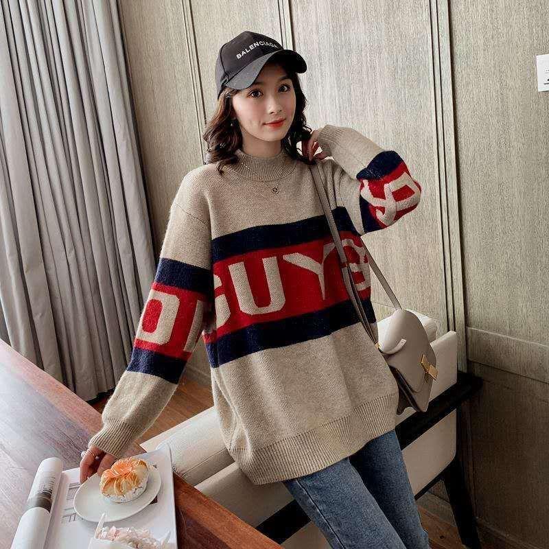 Autumn/winter Fashion Striped Bottoming Shirt Mid-length Loose-fitting Outer Sweater Long-sleeved Splicing Color Top Coat