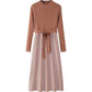 Knitted Dress Women's Clothing Autumn Winter 2021 Fashion Knit Stitching Pleated Dress with Bow Loose Loose Waist