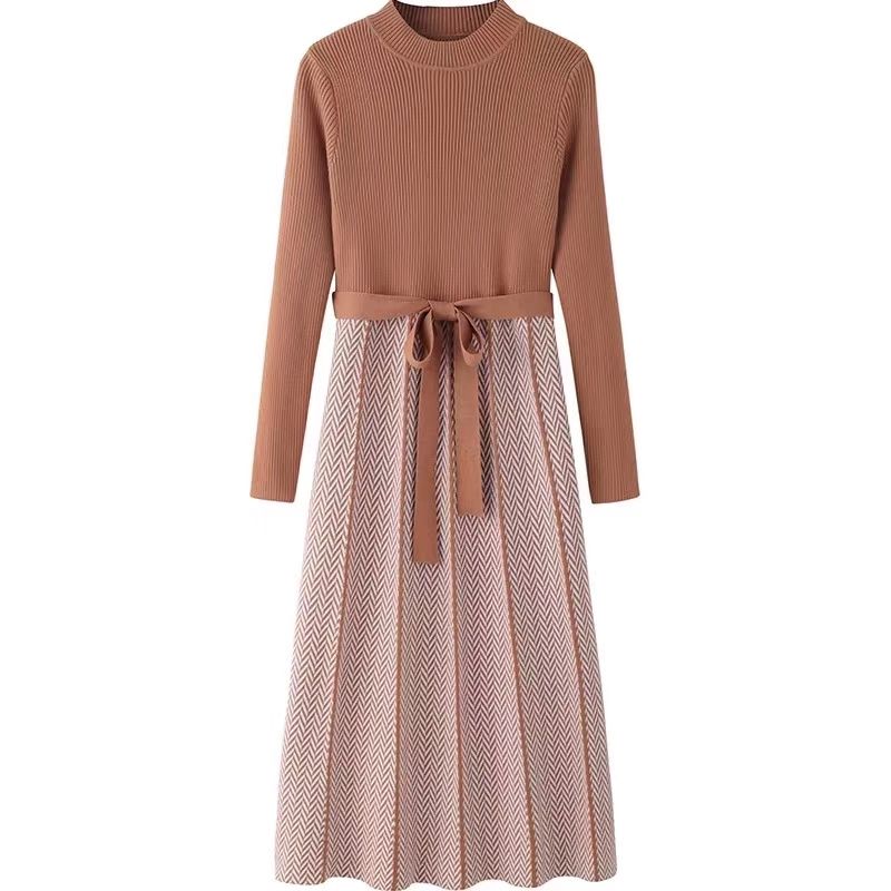 Knitted Dress Women's Clothing Autumn Winter 2021 Fashion Knit Stitching Pleated Dress with Bow Loose Loose Waist