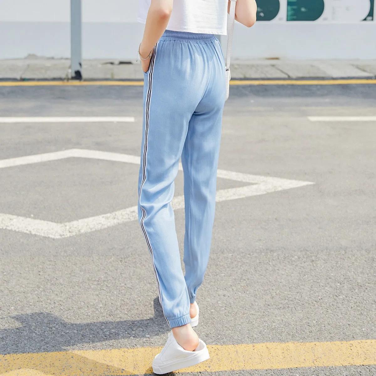 Women's Summer Thin Tencel Jeans Loose Drawstring Leggings Elastic High Waist Straight Pants Sports Casual Pants Harem Trousers Cropped pants