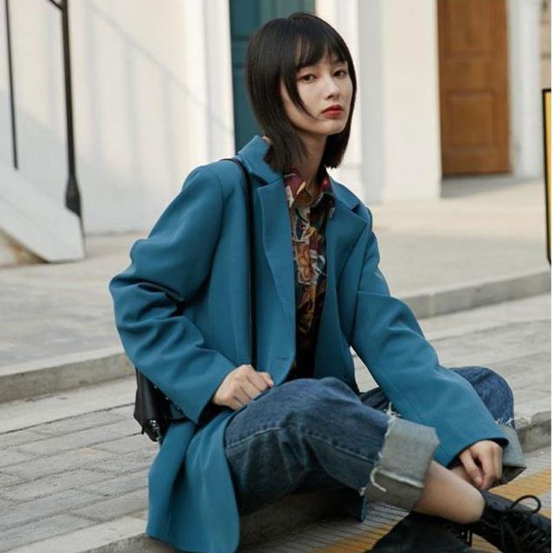Suit Jacket Female Korean Student Mid-length Small Suit Blue Retro Casual Loose Single-breasted Street Style