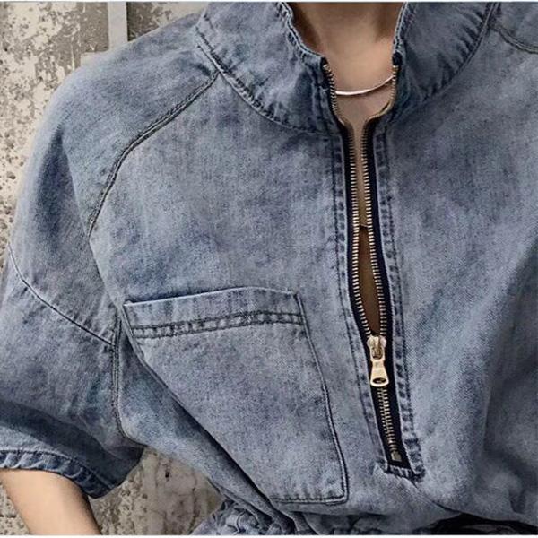 Sexy Women's Denim Dress Short Sleeve Stand-up collar Above The Knee Zipper Daily Wear Office Dating Party