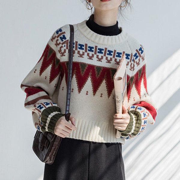 Vintage  Printed Sweater Women Bottoming Sweater Loose Casual Knit Pullover Sweater Autumn Winter