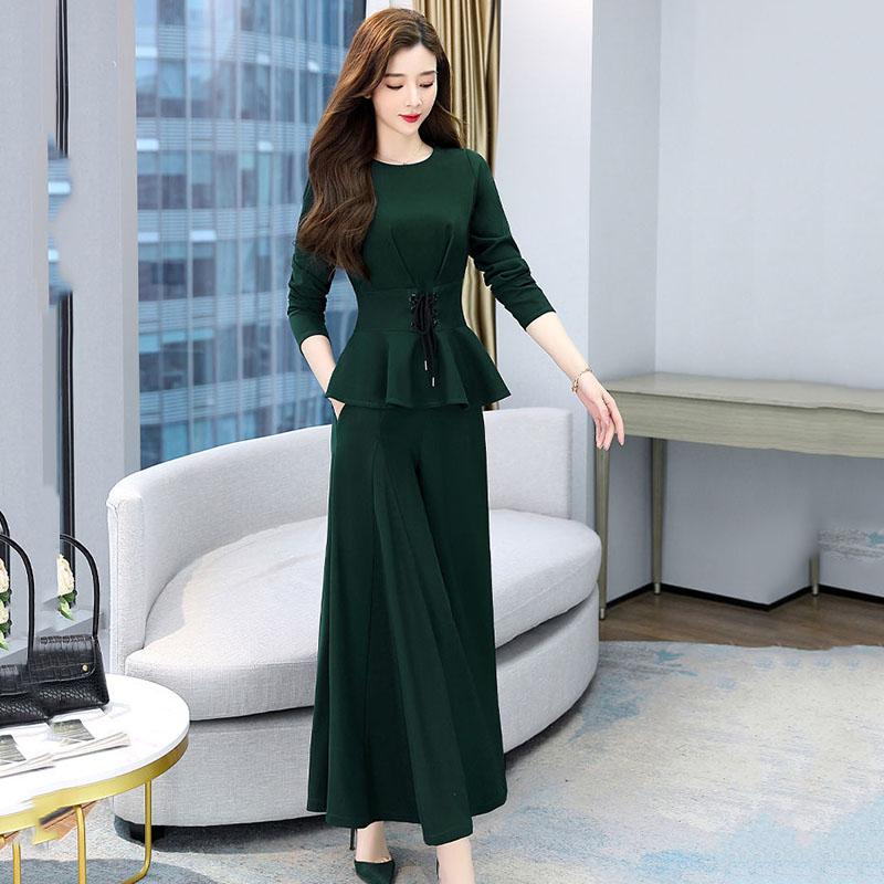 Suit Women's Spring and Autumn Dress Ladies Temperament Two-piece Set of Nine-point Wide-leg Pants + Round Neck Long-sleeved Top