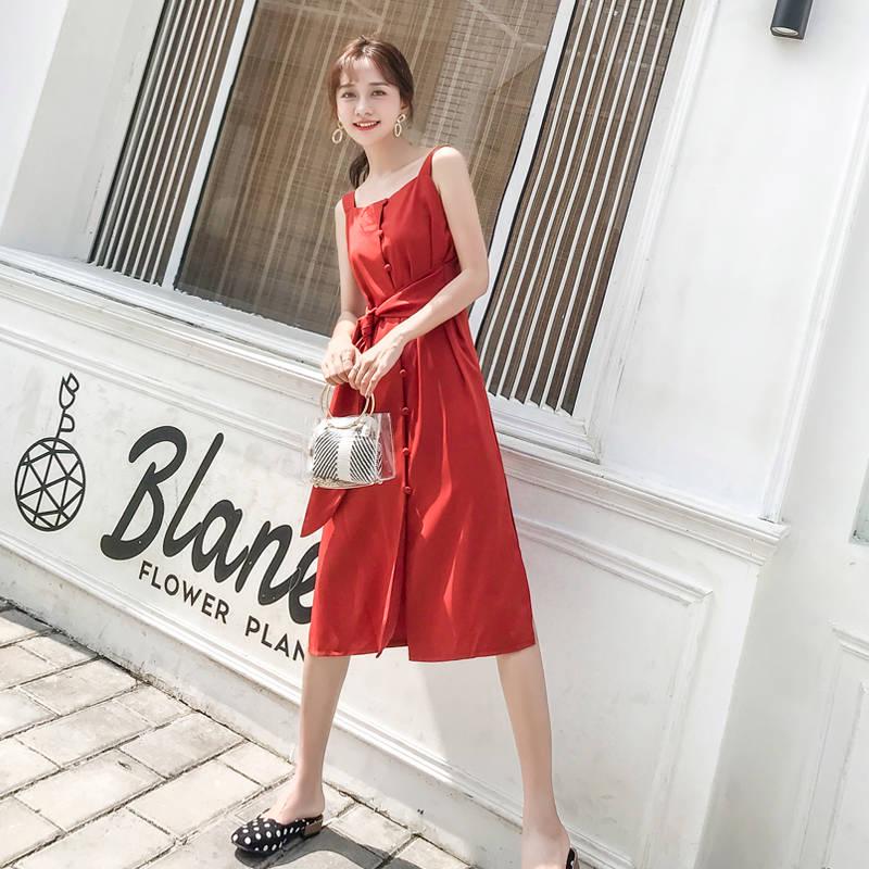 Women Summer Button Front Slip Midi Dress Beach Dress Casual Dress Solid Color Camisole Dress