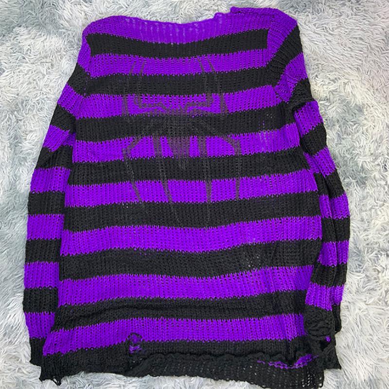 Punk Gothic Long Sweater Dress Plus Size Hollow Out Hole Destroy Pullover Jumper New Oversized Hip Hop Harajuku Striped Sweaters Hip Hop Streetwear