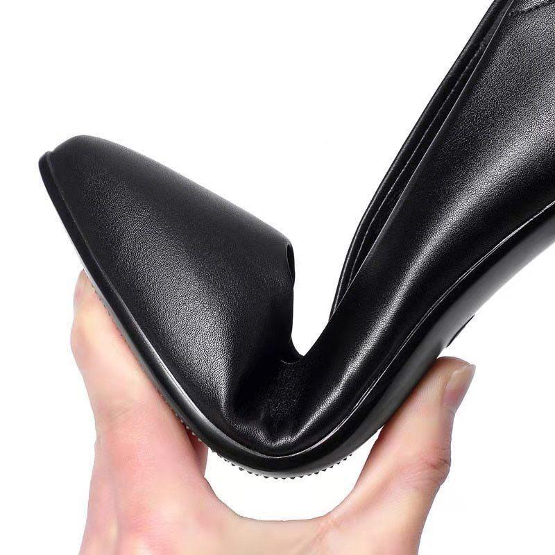 Soft Leather Shoes Women's Round Head Work Shoes Soft Bottom Thick with Comfortable Anti-skates Leather Shoes Black