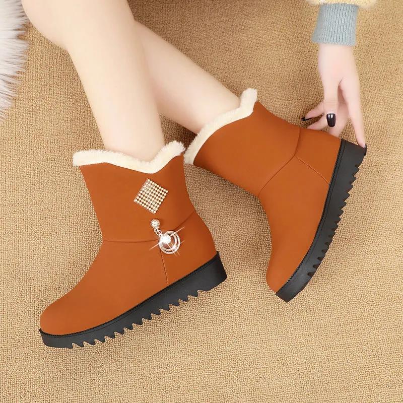 Snow Boots Women's Autumn and Winter Plus Velvet Thickened Warm Leather Surface Non-slip Waterproof Mid-tube Boots Ankle Boots