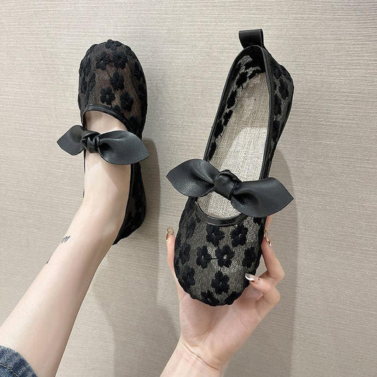 Cotton and Linen Embroidered Beanie Shoes Literary and All-match Single Shoes Sweet Bow Sandals Women's Comfortable Loafers