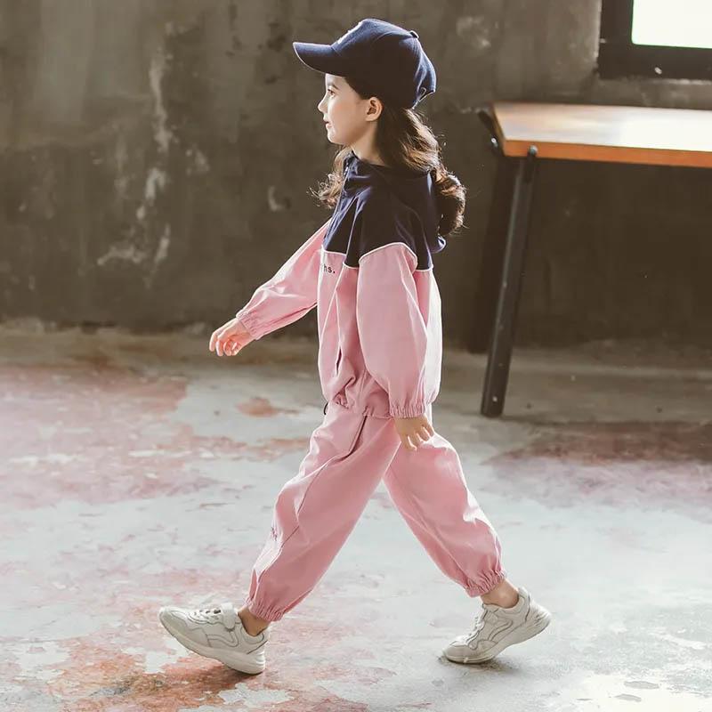 Girls' Spring and Autumn Dress Two-piece Casual Sports Splicing Contrast Color Design Loose Versatile Hooded Breathable Children's Two-piece Set