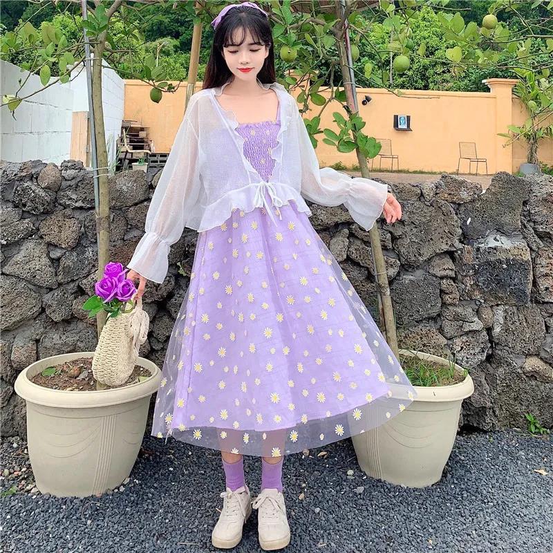 Mesh High Waist Small Daisy Suspender Skirt Small Fresh Dress Literary Retro Sweet First Love Dress Sleeveless Fairy Dress