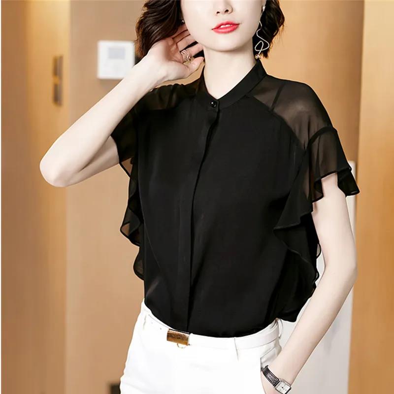 Women's Summer Chiffon Shirt T-shirt Loose Top Solid Color Short-sleeved Round Neck Shirt