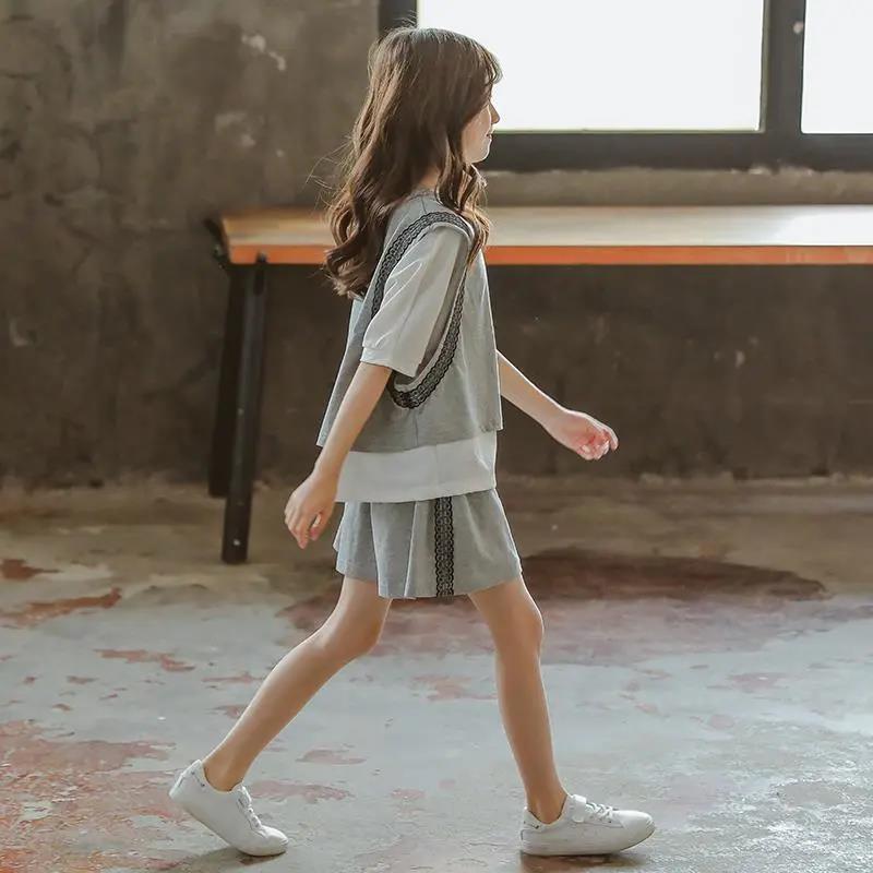 Girls' Casual Sports Suits, Summer Clothes, Big Children's Fashion, Net Red, Western Style, Loose Cotton Three Pieces