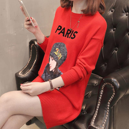 Autumn and Winter Loose Sweater Women's Pullover Round Neck Padded Jacket Mid-length Printed Knitted Dress
