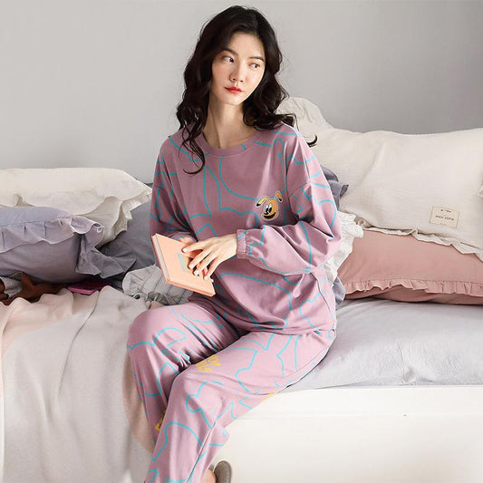 Women Cotton Pajamas Set Cartoon Cute Female Pyjamas Suit Long Sleeve Sleepwear Tops and Pants Sets Home Wear Casual Loose Pullover Nightwear