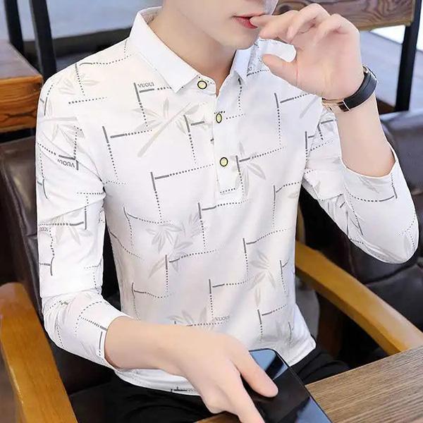 Spring Men's Long-sleeved Floral Printing Polo T-shirt Stitching Color Lapel Shirt Youth Trend Bottoming Shirt Men's Collar Top