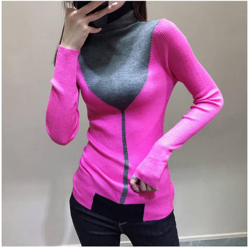 Pofulove Winter Women Knitted Turtleneck Sweater Jumper Slim contrast color Pullovers long sleeves