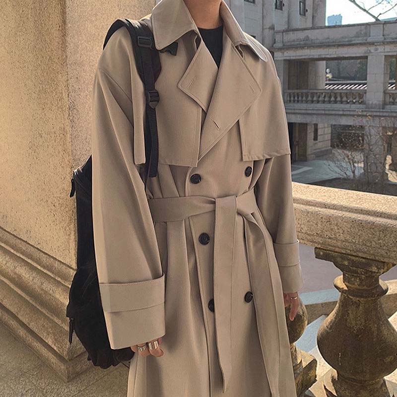 New Autumn and Winter Over-the-knee Windbreaker Men's Mid-length Double-breasted Loose Coat Trendy Casual Jacket