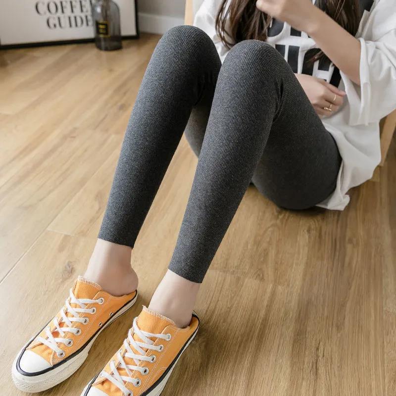 Solid Color Winter Plus Velvet Thick Vertical Striped Leggings Women's Outer Wear Trousers Plus Size Tight-fitting Stretch High-waist Pants