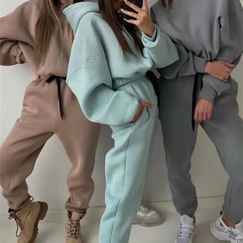 2PCS Autumn and Winter Solid Color Hooded Sweater Casual Two Piece Set Long Sleeve Pullover Sweater Fitness Jogging Pants Sports Suits