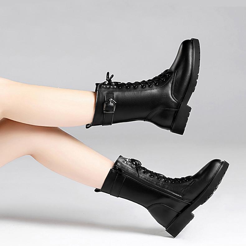 Genuine Leather Wool Fur Boots 35-43 Women Winter Shoes Black Ankle Booties Warm Platform Chunky Boots Fashion Flats
