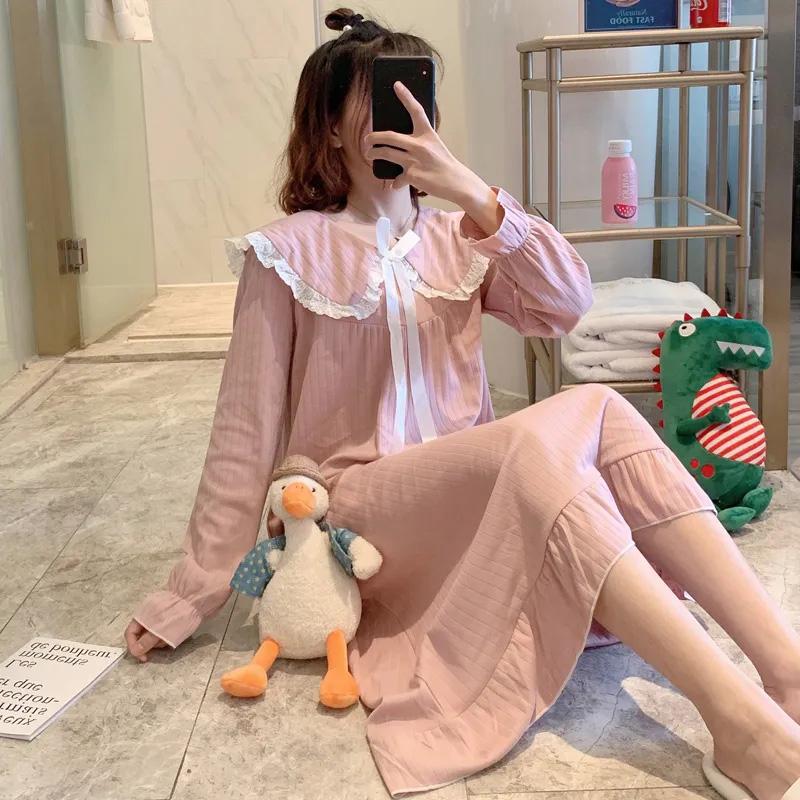 Women's Cute Japanese Sweet Bow Nightdress Doll Collar Princess Nightdress Long-sleeves Vertical Striped Pajamas Dress Loose Comfortable Homewear