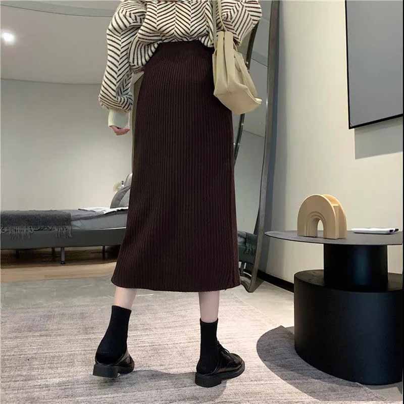 Knitted Half-length Skirt Autumn and Winter Female Korean Temperament Package Hip One-step Skirt Wild High-waisted Thin Mid-length A-line Skirt