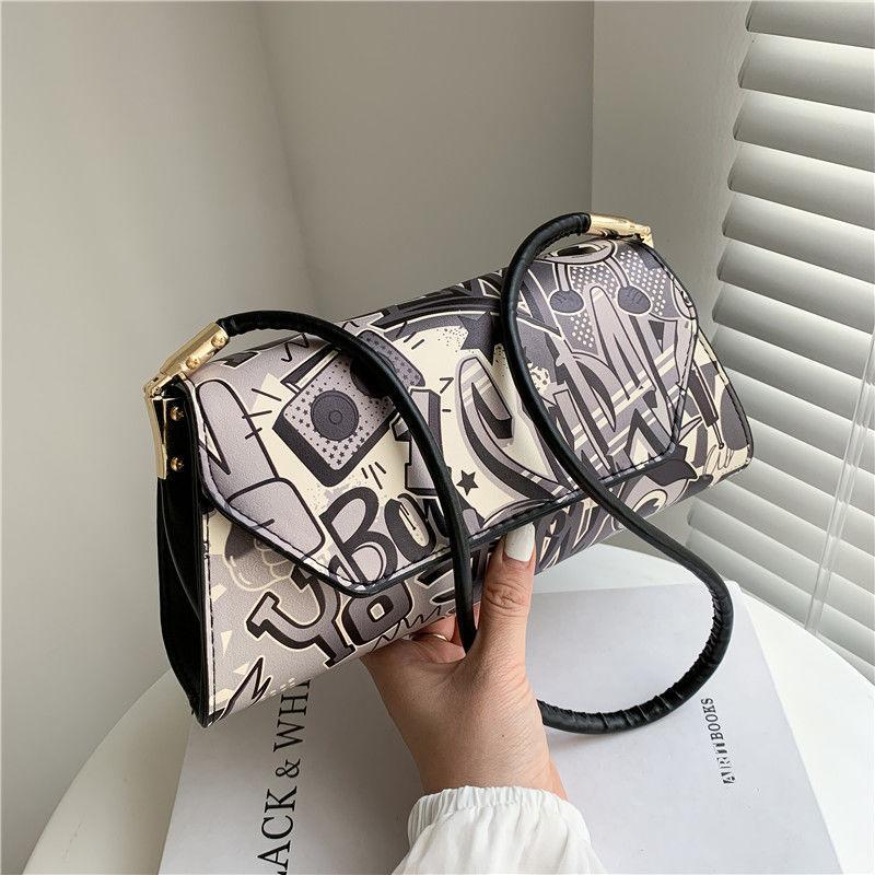 Comic Doodle Pattern PU Leather Armpit Bag for Women Shoulder Handbags Lady Elegant Baguette Bag