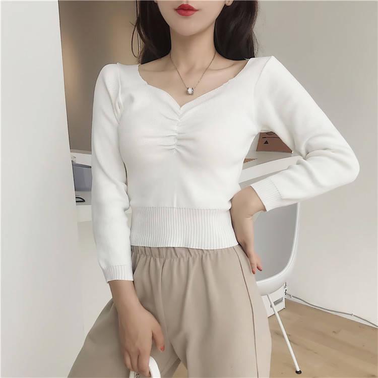 Sexy Low-neck Pullover Long Sleeve Short Sweater Women Open Navel  Slim Waist Knitwear