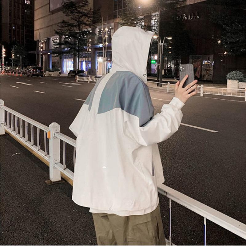 Colorblock Jacket Men's Loose Versatile Hooded Windbreaker Coat Couples Wear Thin Short Zip Long Sleeve Casual Coat Workwear