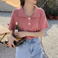 Short Sleeve T-Shirt Women Summer Loose Polo Collar Solid Color Top