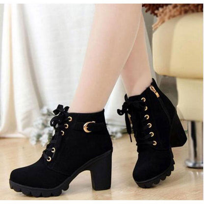 Winter Women Boots PU Leather Fashion High Heels Boots Women Lace-up Martin Shoes Woman