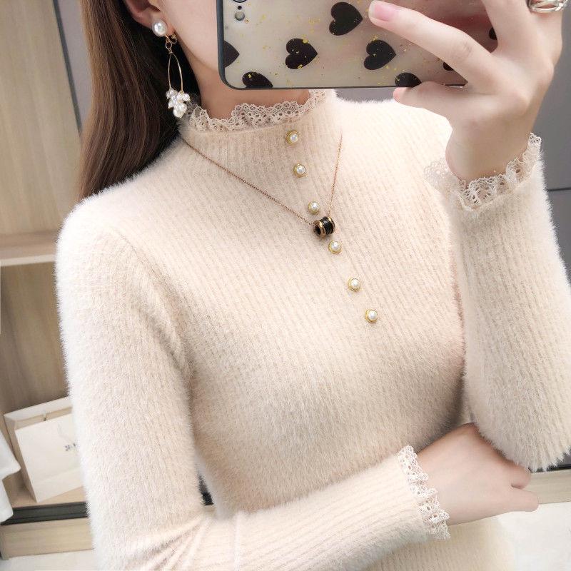 Color-fast Imitation Mink Velvet Inner Sweater Women Autumn and Winter Slim Bottoming Shirt Lace Beaded Sweater