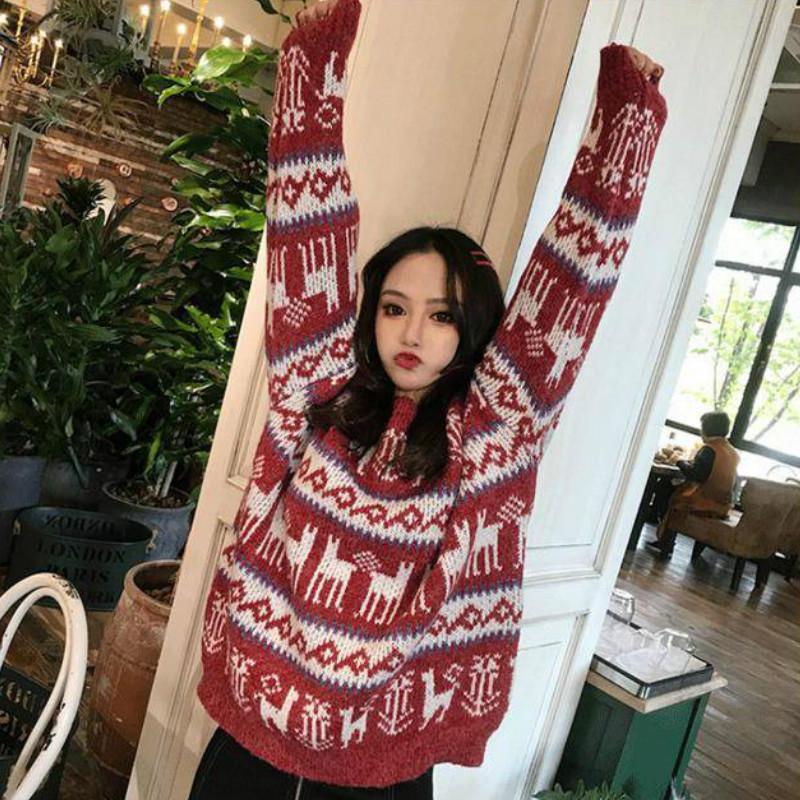 Pofulove Autumn Winter Retro Loose Vintage Long-sleeved Thick Christmas Red Sweater Women