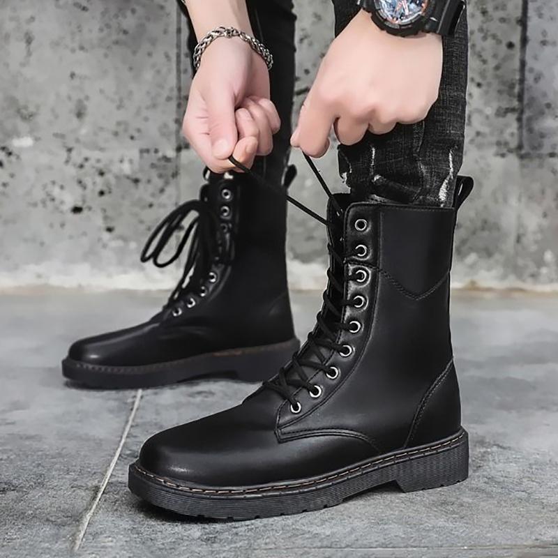 Autumn High-top Cowboy Boots All-match Outdoor Martin Boots Men's Casual British Tooling Leather Boots Men's Lace-up Black Handsome Motorcycle Boots