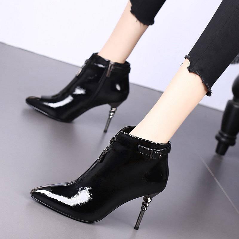 Women's Pointed High-heeled Martin Boots Zipper  Leather Bright