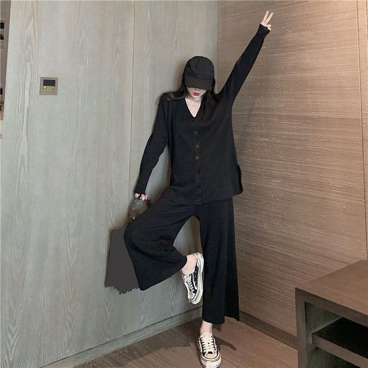 2PCS Women's Solid Color Suit Autumn and Winter Knitted V-neck Cardigan Jacket + Casual Straight Wide Leg Pants Two-piece Suit Loose Casual Sets