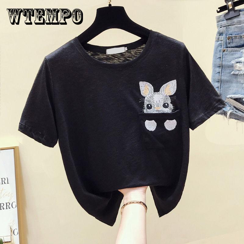 Summer Animals and Flowers Embroidered College  Loose  Short Sleeve Female T-shirts