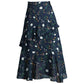 A-line Skirt Floral High Waist Thin Irregular Ruffle Big Wave Chiffon Midi Skirt Elastic Waist Mid-length Skirt