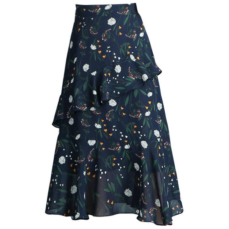 A-line Skirt Floral High Waist Thin Irregular Ruffle Big Wave Chiffon Midi Skirt Elastic Waist Mid-length Skirt