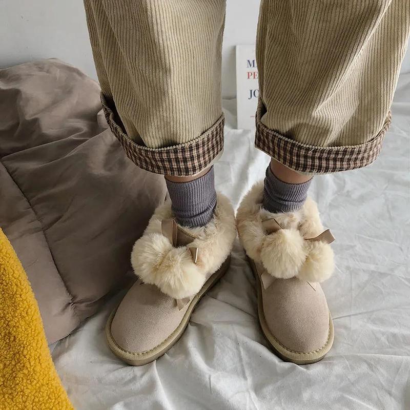 Hairball Snow Boots Women's Winter Thick-soled Wild Plus Velvet Cotton Shoes Non-slip Warm Boots