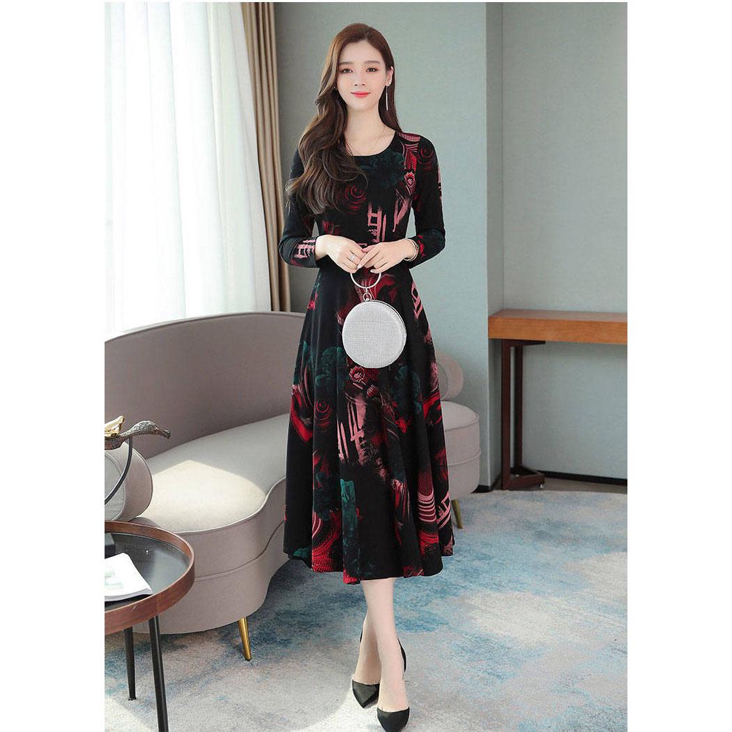 Women's Plus Size Long Floral Skirt Spring and Autumn Women's Round Neck Printed Slim Dress