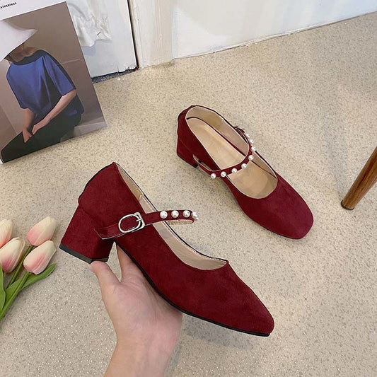 Square-toed Single Shoes Women's Wild Fashion Pumps Autumn Girl Thick-heeled French High Heels