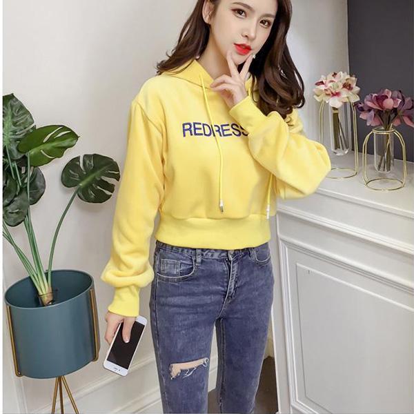 Autumn and Winter Short Hooded Sweater Embroidered Gold Velvet Thick Sweater High Waist Lantern Sleeve Blouse Women's Trend