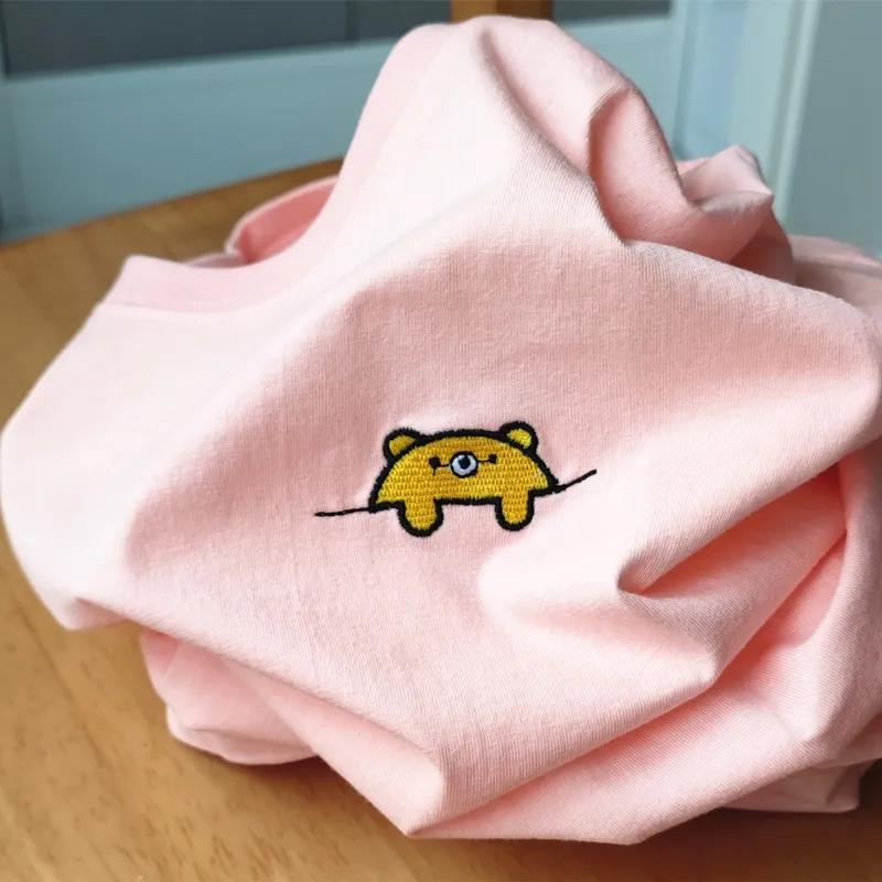 Little bear embroidery Cotton T-Shirt Women Tops Round Neck Summer Funny Casual Tops Tee