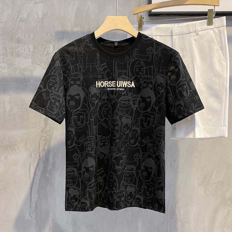 Summer Cotton Short-sleeved T-shirt Male Fun Character Printing Simple Round Neck Casual Half-sleeved T-shirt