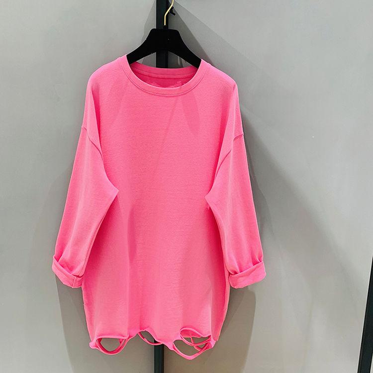 Women's Hem Hole Solid Color Bottoming Shirt Large Size Cotton Autumn Korean Version Loose Long-sleeved T-shirt