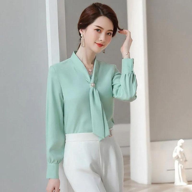 Women's Spring Autumn Long Sleeve Shirt Chiffon V-Neck Solid Color Top
